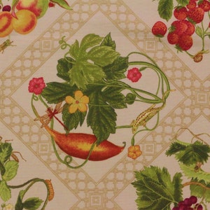 May include: A white fabric with a repeating pattern of green leaves, red and yellow flowers, and a red and yellow gourd. The pattern is set against a background of a brown lattice.