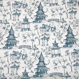 Tela de diseño Lacefield PAGODAS AZUL MARINO, toile asiático, azul Lucy, chinoiserie, para cortinas, tapicería, cojines y almohadas, cortada a medida, 54" de ancho.