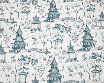 Lacefield Designs PAGODAS SEASIDE BLUE Asian Toile Lucy Blue Chinoiserie Drapery Upholstery Cushion Pillow Craft Fabric By The Yard 54"W