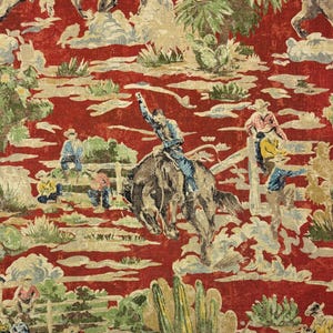 RIDING COWBOY NAVAJO Red Western Cowboy Horse Toile Pillow Craft Drapery Tote Bags Drapery Upholstery Linen Fabric By The Yard 54"Wide