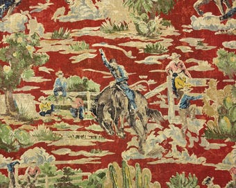 RIDING COWBOY NAVAJO Red Western Cowboy Horse Toile Pillow Craft Drapery Tote Bags Drapery Upholstery Linen Fabric By The Yard 54"Wide