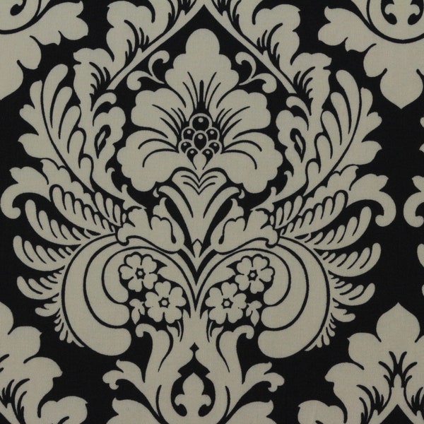 Waverly DUCHESS DAMASK ONYX Black Off White Floral Furniture Pillow Drapery Pillow  Craft Cushion Bedding 100% Cotton Fabric By Yard 54"Wide