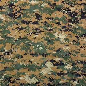May include: Digital camouflage fabric in shades of green, brown, tan, and black. The pattern is composed of small, pixelated shapes, creating a textured appearance. The fabric is likely used for military or outdoor apparel and gear.