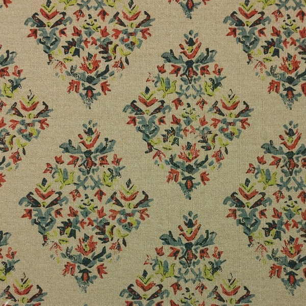 Lacefield Designs BLYTHE HONEYDEW Green Blue Red Floral Medallion Drapery Upholstery Crafts Pillow Bedding Linen Like Fabric By Yard 54"W