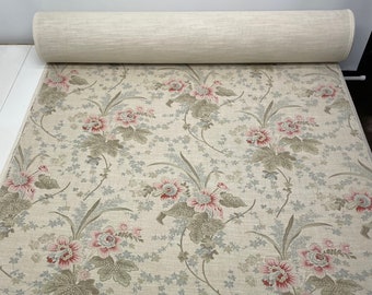 Ballard Designs LAURA FLORAL PARCHMENT Green Blush Vine Drapery Curtains Upholstery Pillow Craft Bedding Designer Fabric By Yard 54"Wide