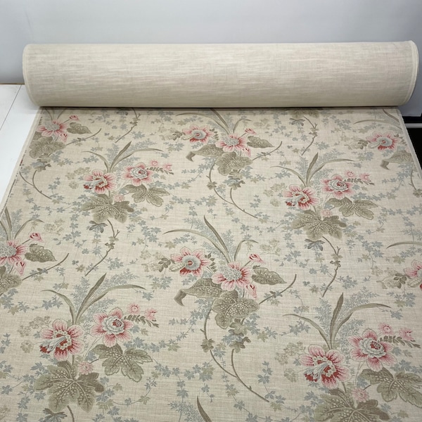 Ballard Designs LAURA FLORAL PARCHMENT Green Blush Vine Drapery Curtains Upholstery Pillow Craft Bedding Designer Fabric By Yard 54"Wide