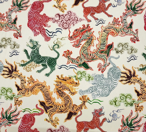工芸品 yumami HAMILTON Fabrics HIMALAYA NATURAL Asian Tigers Dragons