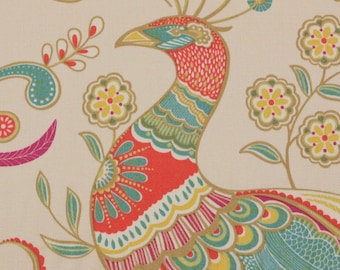 RICHLOOM FANTASY JUBILEE Tela de sarga de algodón con estampado floral de codornices rojas y color crema para cojines, cortinas, manualidades, tapicería ligera y usos múltiples, cortada a medida, 54" de ancho.