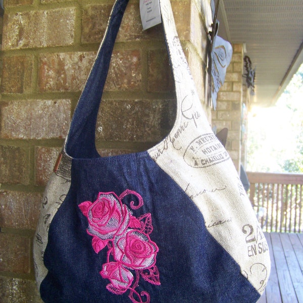 Denim & Deco fabric W/ Machine Embroidered Pink Roses Hobo Bag in soft buck and dark brown. - MADE IN USA,  'Swoon Pattern'