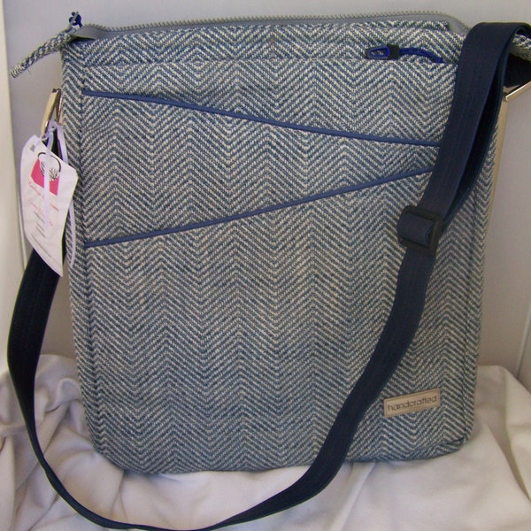 Crossbody Bag - Lombard in Blue and white herringbone fabric + Separate matching tablet case - MADE IN USA