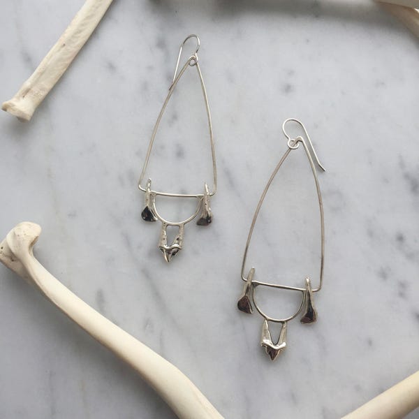 fox and fawn, triangle earrings, sterling silver jewelry, tooth jewelry, bone jewelry, handmade, kaya tinsman, Little Gypsy Bones