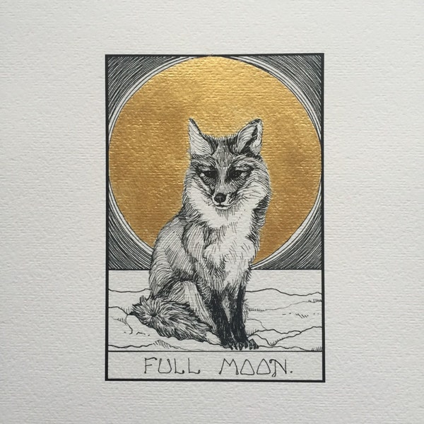 Moon Phase print, full moon, fox print, gold leaf, kaya tinsman, red fox, illustration, pen and ink drawing, wild animal, moon drawing