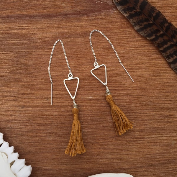 Triangle threader earrings with yellow gold tassels, sterling silver, delicate triangle earrings, handmade silver wire, embroidery tassels