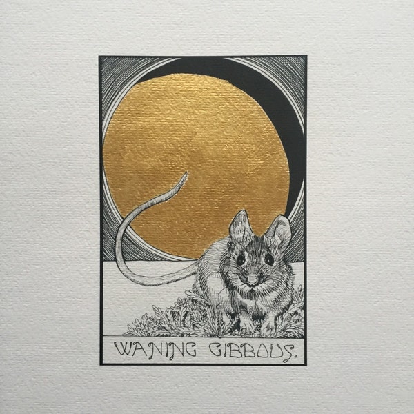 Moon Phase print, waning gibbous moon, mouse print, gold leaf, kaya tinsman, rodent, illustration, ink drawing, gold moon, cute little mouse