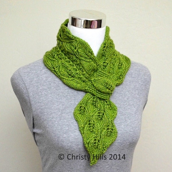 Leaves and Mock Cables Scarf (Keyhole/Ascot/Pull-Through/Vintage/Stay On) Scarf Knitting Pattern