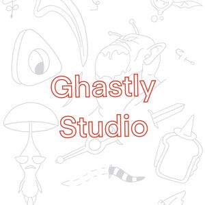 May include: A white and gray illustration of a variety of whimsical characters and objects, including a mushroom, a monster, a sword, and a bottle. The text "Ghastly Studio" is written in red.