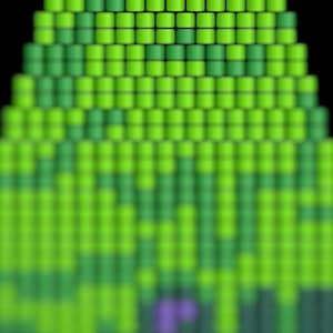 May include: Abstract digital art piece featuring a triangular shape composed of green and purple pixelated blocks. The top portion is a vibrant green, transitioning to darker shades and purple at the base, against a black background.