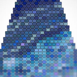 May include: Abstract image of a triangular shape composed of small, square tiles. The tiles are various shades of blue, creating a gradient effect from dark to light. The design has a pixelated appearance.