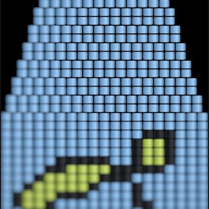 May include: A pixelated design featuring a light blue background with a wolf or fox-like creature at the bottom. Above the creature is a light blue pyramid shape with a yellow and black design.