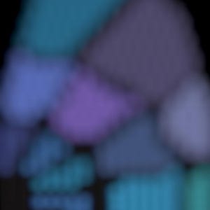 Puede incluir: Una disposición vertical de formas geométricas redondeadas y borrosas en tonos azul, morado y verde azulado, sobre un fondo negro sólido. La composición presenta un patrón tipo mosaico de bloques de color suaves y desenfocados.