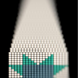 Peut inclure: Œuvre d'art numérique abstraite avec un motif géométrique. Elle est composée de petits blocs carrés blancs, turquoise et bleus, formant un motif en forme d'étoile. Le fond est noir et l'image a un effet flou, créant une sensation de profondeur.
