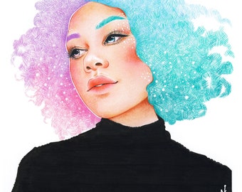 Cotton Candy Hair - Original Color Illustration - Mixed Media