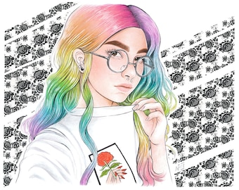 Pastel Brite Rainbow Hair - Original Color Illustration - Mixed Media