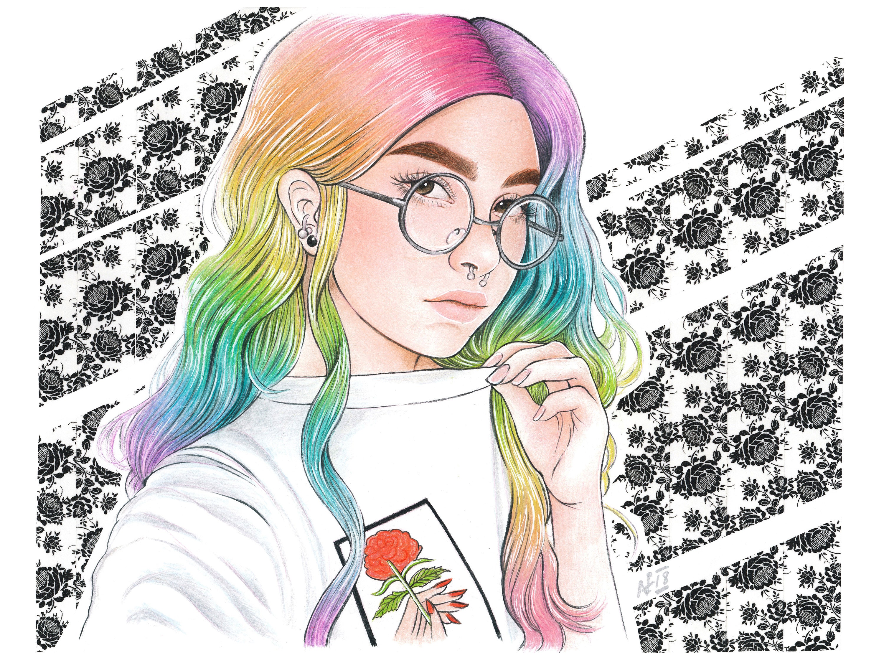 Pastel Brite Rainbow Hair - Original Color Illustration - Mixed Media -  .br