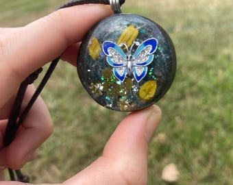 Butterfly. Orgone Pendant Necklace. Made w Blue Apatite, & Elite Shungite. Tensor Ring. Powerful. EMF Protection.
