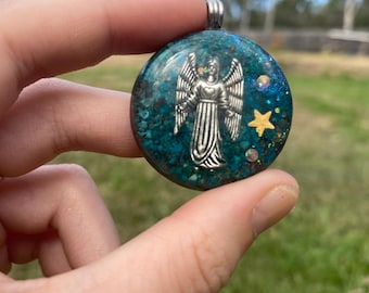 Arch Angel Orgone Pendant Necklace. Made w Elite Shungite, chryscolla, & Tensor Ring. Powerful. 5G Protection.