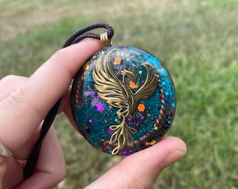 Phoenix Orgone Pendant Necklace. Made w Elite Shungite, chryscolla, & Tensor Ring. Powerful. 5G Protection.