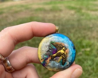 Bird. Orgone Pendant Necklace. Made w Elite Shungite, Labradorite & Tensor Ring. Powerful. 5G Protection.
