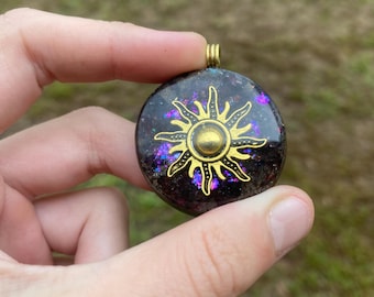Sun. Pendant Necklace. Made w Elite Shungite. Almandine Garnet. Tensor Ring. EMF Protection. 5G Protection.