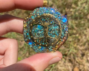 Tree of Life, Orgone Pendant Necklace. Made w Elite Shungite, 25 ct Gold and Turquoise. Tensor Ring. Powerful. EMF 5G Protection.