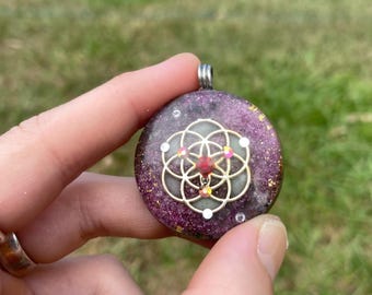 Seed of Life. Orgone Pendant Necklace. Made w Elite Shungite. Ruby. Tensor Ring. Powerful. 5G Protection. Glow in the Dark