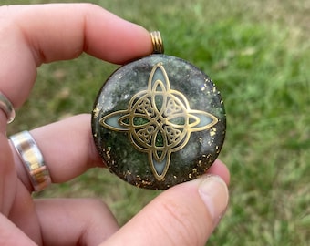 Celtic Knot Orgone Pendant Necklace. Made w Elite Shungite, and Diopside. Powerful. EMF Protection. 5G Protection. 24ct Gold