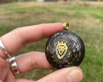 Lion King. Orgone Pendant Necklace. Made w Elite Shungite, Selenite, 24ct Gold & Emerald. Powerful. EMF Protection.