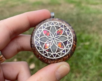 Seed of Life Mandala, Orgone Pendant Necklace. TENSOR RING. Elite Shungite, Carnelian, 4G and 5G Protection. Glow in the dark!