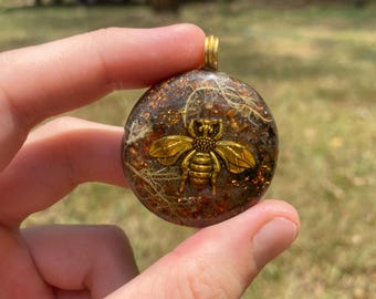 Bee, Orgone Pendant Necklace. TENSOR RING. Elite Shungite, Carnelian, Lichen. 4G and 5G Protection.