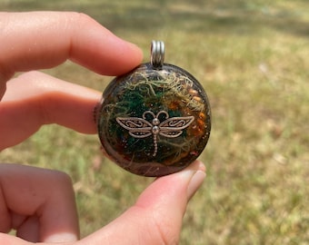 Dragonfly. Orgone Pendant Necklace. TENSOR RING. Elite Shungite, Carnelian, Lichen. 4G and 5G Protection.