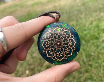 Boho Mandala Orgone Pendant. Made w Elite Shungite, Selenite, Malachite & Azurite. Powerful. EMF Protection. Glow in the dark. TENSOR RING