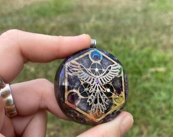 Phoenix/Metatrons Cube, Orgonite Pendant: Shungite, Amethyst, Tensor Ring EMF Protection