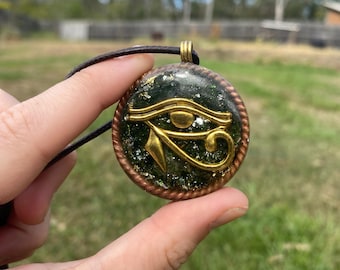 Eye Horus. Orgone Pendant Necklace. Made w Elite Shungite, Selenite, 24ct Gold & Green Goldstone. Powerful. EMF Protection.