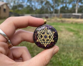 Star Tetrahedron .Orgone Pendant Necklace. Made w Elite Shungite, Stitchtite, 24ct Gold & Tensor Ring. 5G Protection. Glow in the Dark!