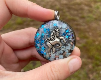 Pony  Orgone Pendant Necklace. Made w Elite Shungite, Larimar. Powerful. EMF Protection. 5G Protection. TENSOR RING