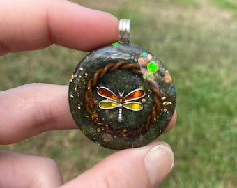 Dragonfly Orgone Pendant Necklace. Made w Elite Shungite, and Diopside. Powerful. EMF Protection. 5G Protection. 24ct Gold