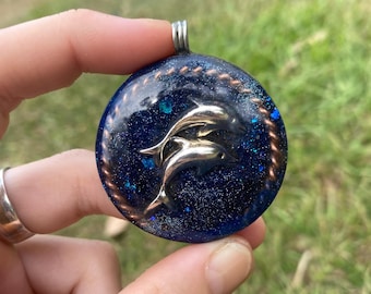 Dolphin. Orgone Pendant Necklace. Made w Elite Shungite, Selenite & Blue Goldstone. Powerful. EMF Protection. 5G Protection. TENSOR RING