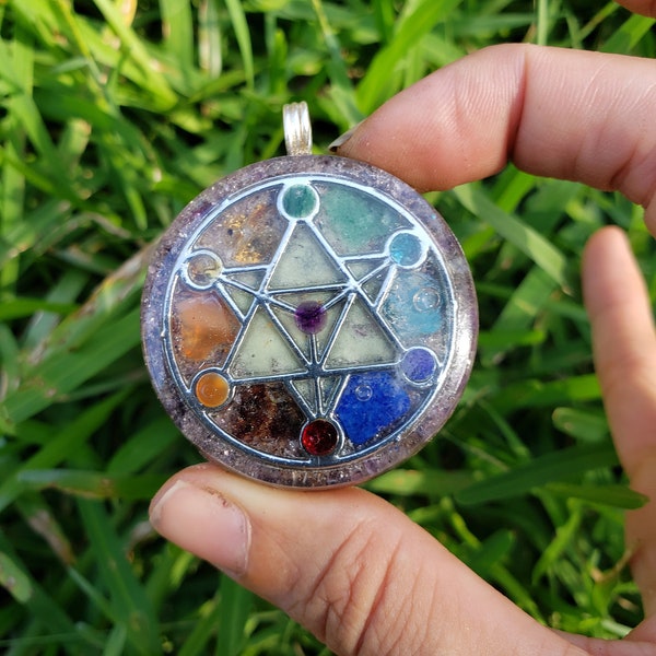 Metatrons Cube Chakra Orgonite Pendant. Sacred Geometry. 5G Protection. EMF protection. With Tensor ring. Star tetrahedron