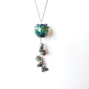 Peacock Green Deluxe - Glass Lampwork and Gemstone Necklace with Sterling Silver Chain