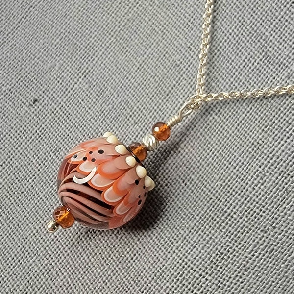 Creme Brulee Necklace - Handmade Artisan Glass Lampwork Bead with Spessartite Garnet and Sterling  Silver